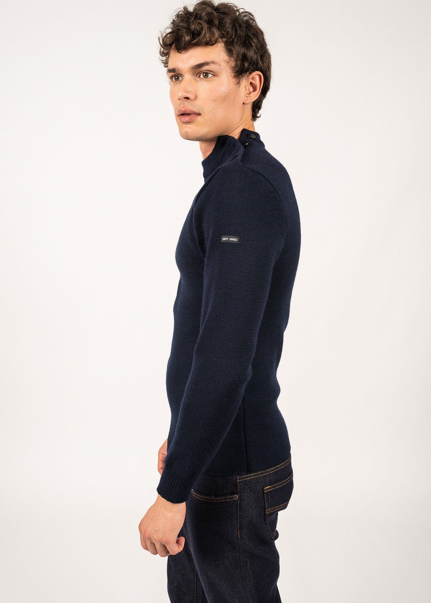 Saint James MATELOT - Wool Fisherman Sweater with Button Shoulder | Slim Fit (NAVY)