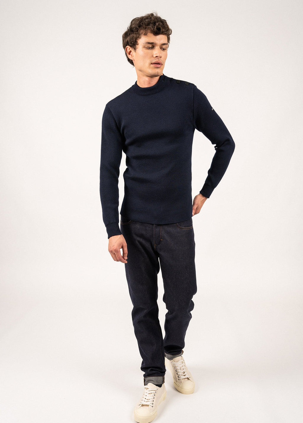 Saint James MATELOT - Wool Fisherman Sweater with Button Shoulder | Slim Fit (NAVY)