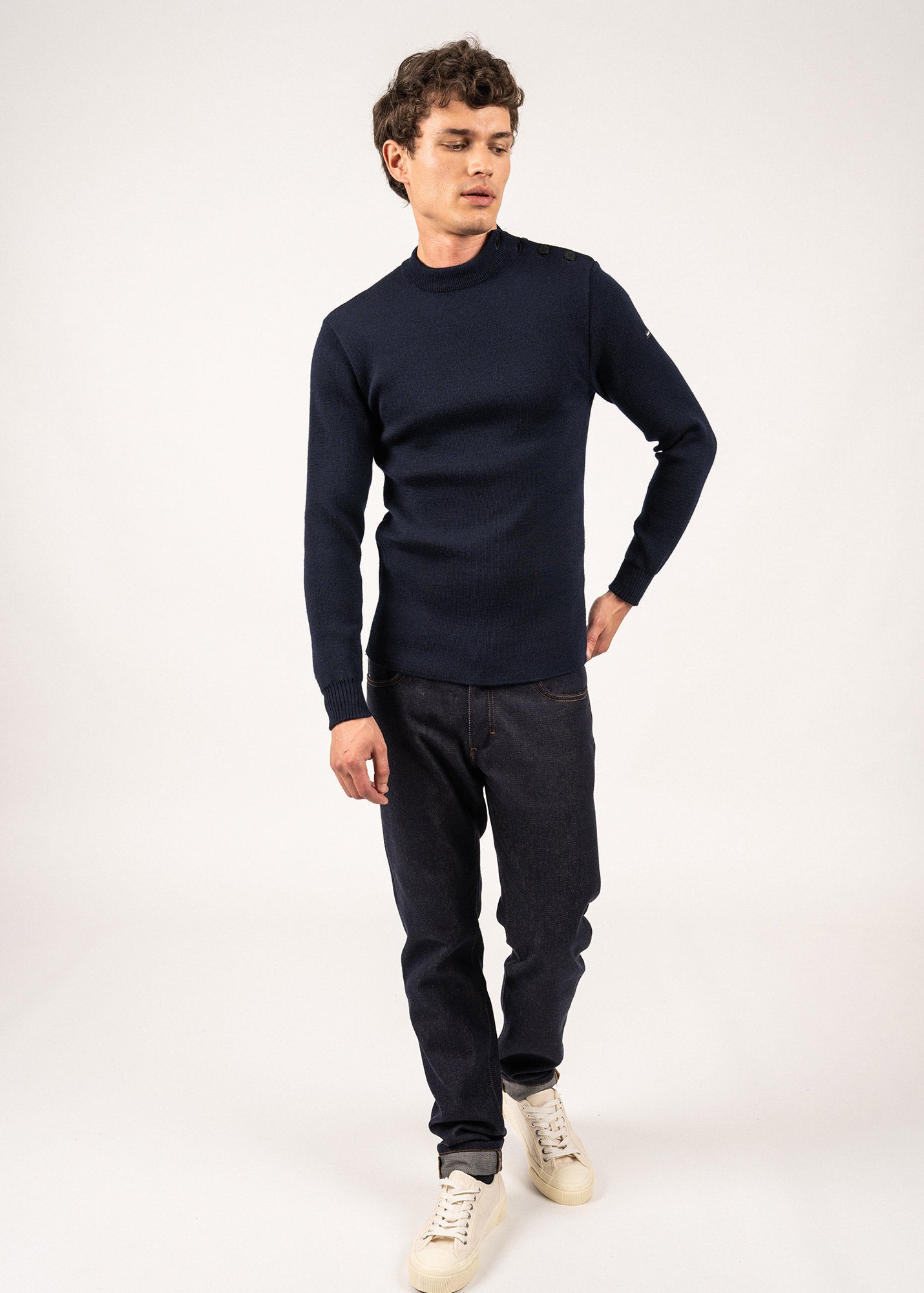 Saint James MATELOT - Wool Fisherman Sweater with Button Shoulder | Slim Fit (NAVY)