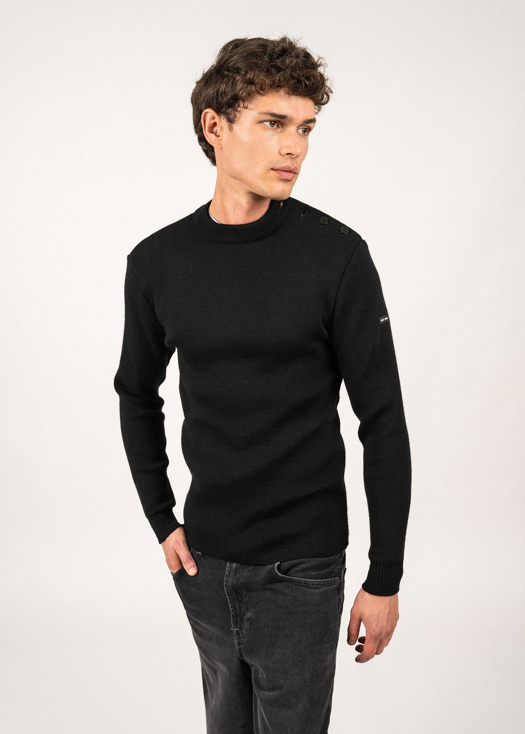 Saint James MATELOT - Wool Fisherman Sweater with Button Shoulder | Slim Fit (BLACK)