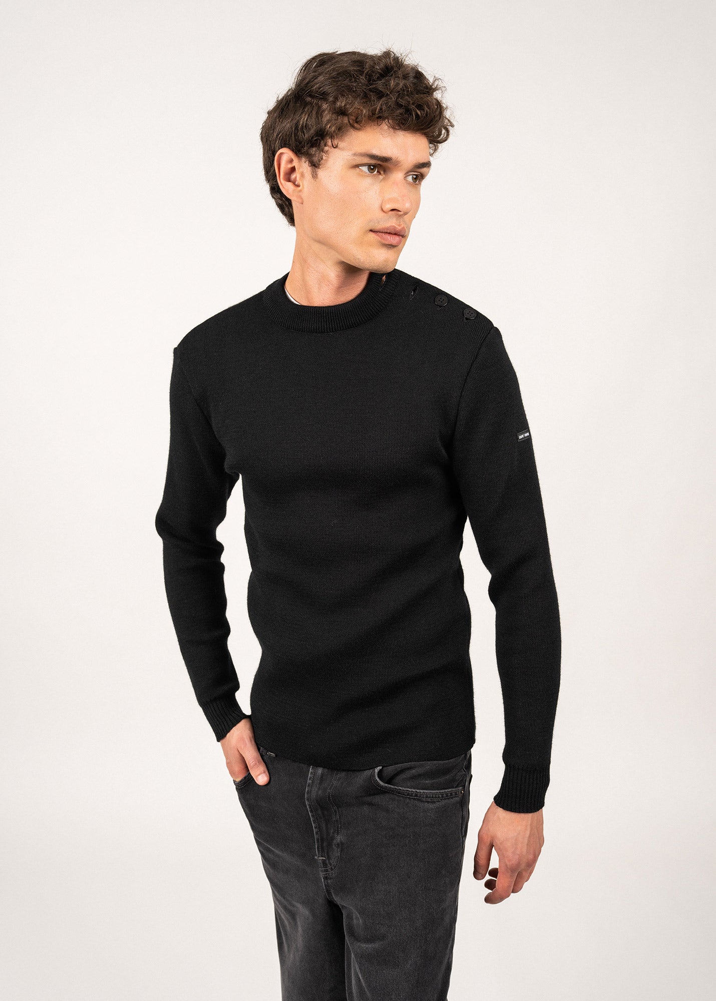 Saint James MATELOT - Wool Fisherman Sweater with Button Shoulder | Slim Fit (BLACK)
