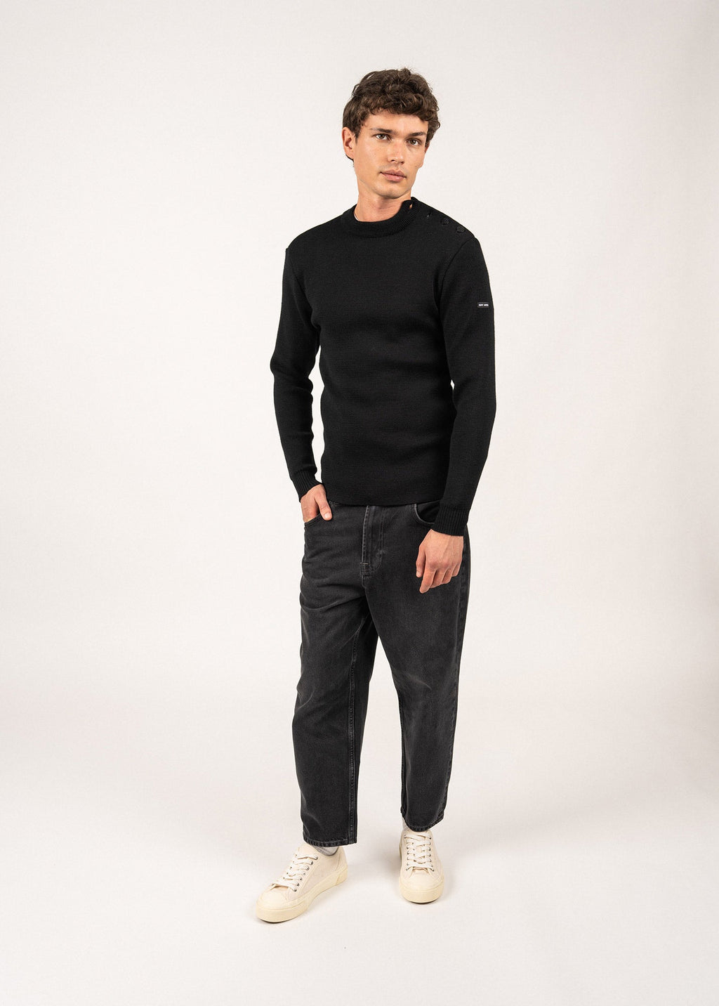 Saint James MATELOT - Wool Fisherman Sweater with Button Shoulder | Slim Fit (BLACK)