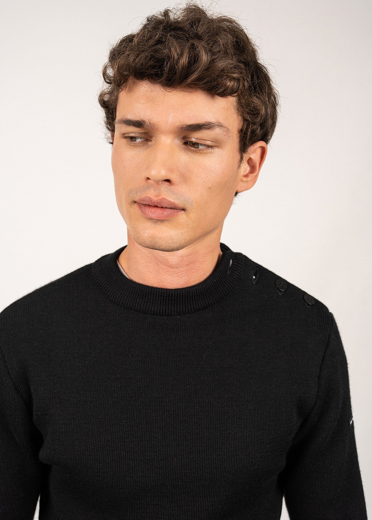 Saint James MATELOT - Wool Fisherman Sweater with Button Shoulder | Slim Fit (BLACK)