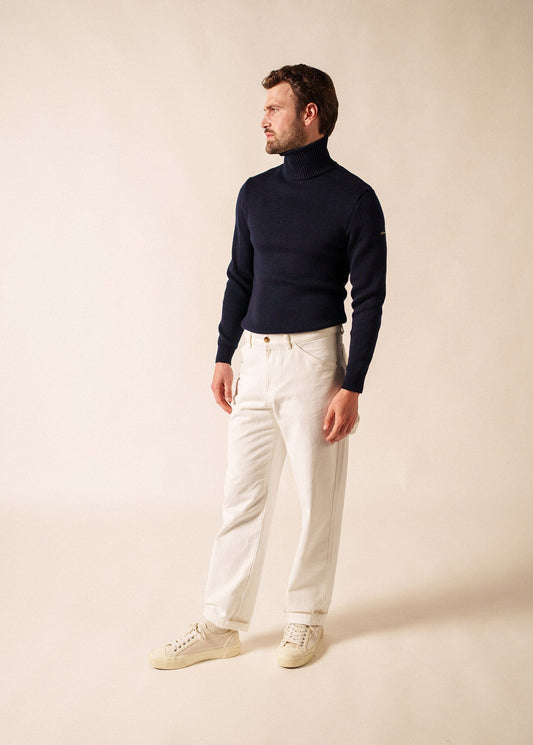 Saint James Roule Turtleneck Breton Sweater For Men Slim Fit 100% Wool Navy