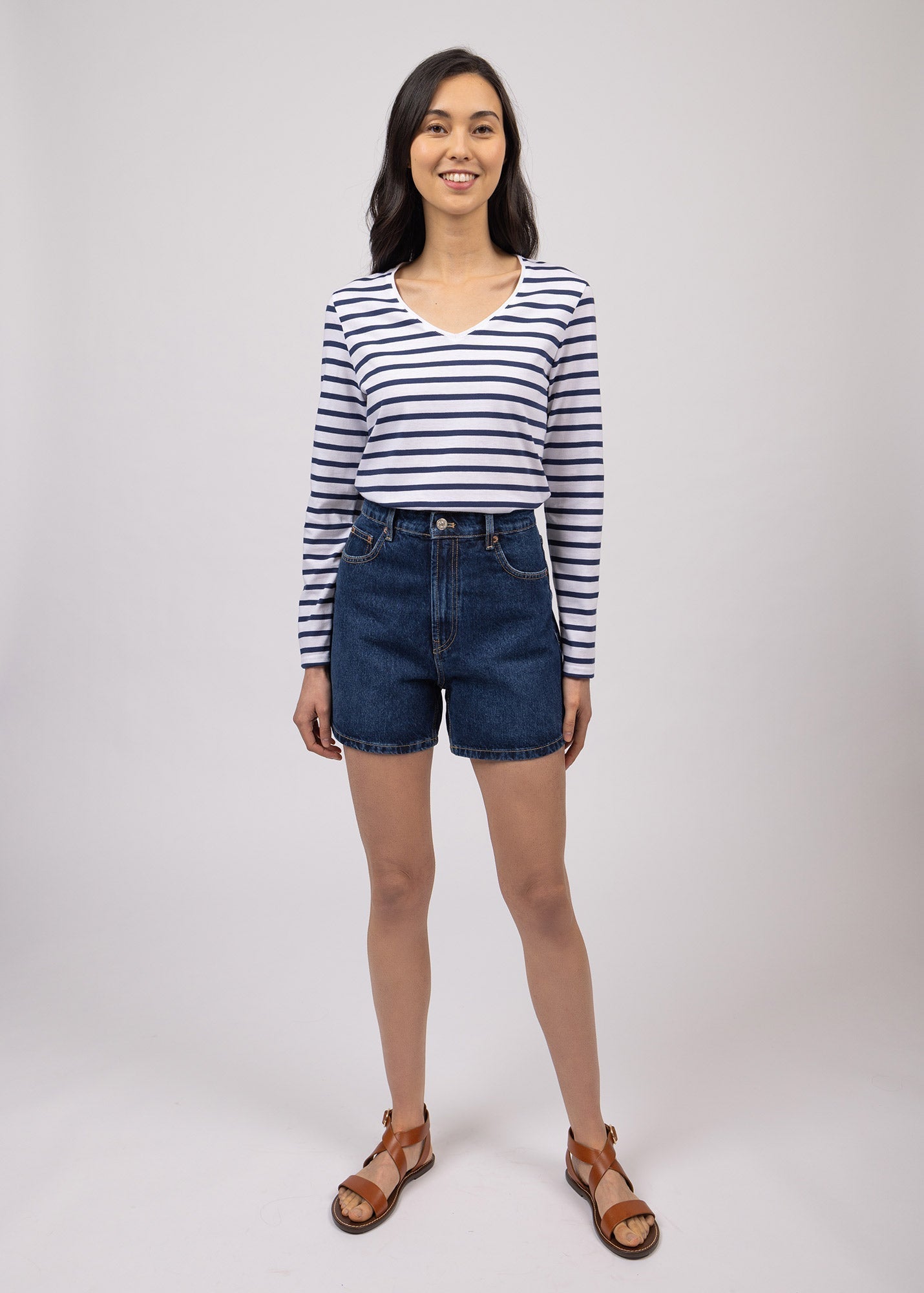 Saint James Hoedic V Neck Breton Striped 100% Cotton White Navy