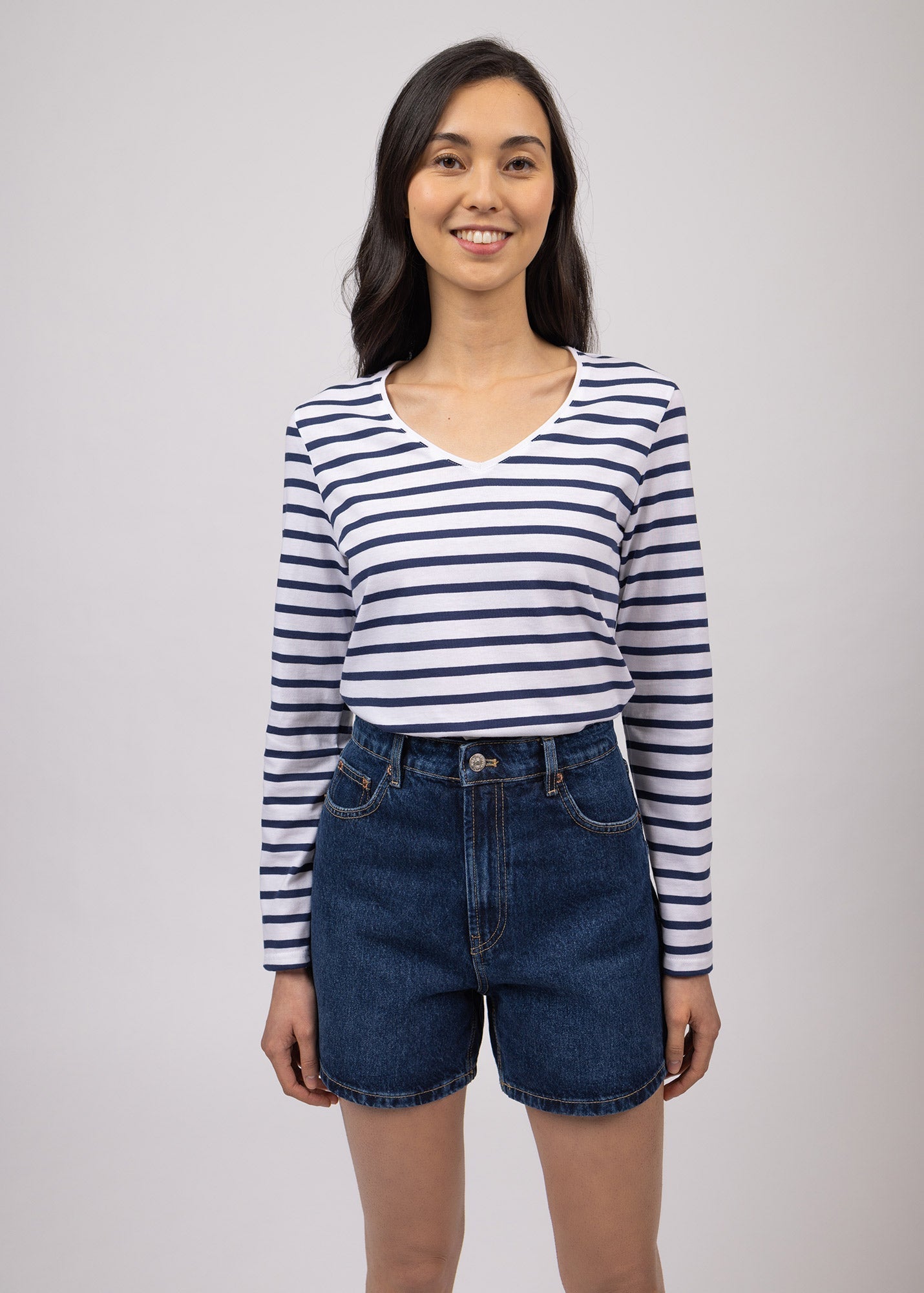 Saint James Hoedic V Neck Breton Striped 100% Cotton White Navy