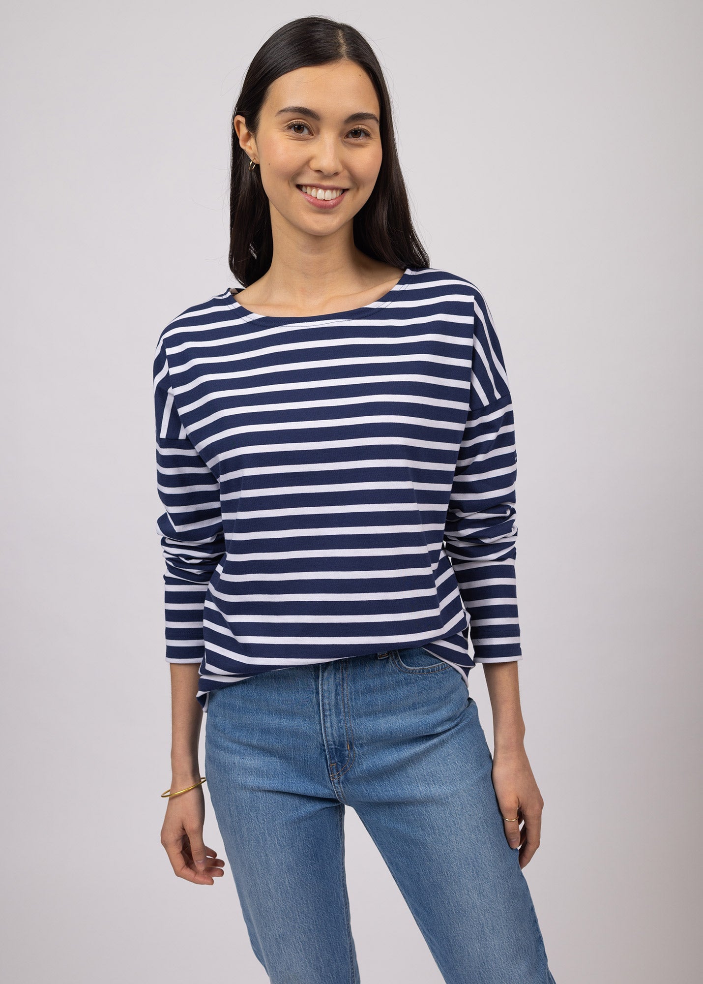 Saint James MINQUIERS DROP II - Drop-Shoulder Breton Striped Shirt | Soft Cotton | Straight Fit (NAVY / WHITE)