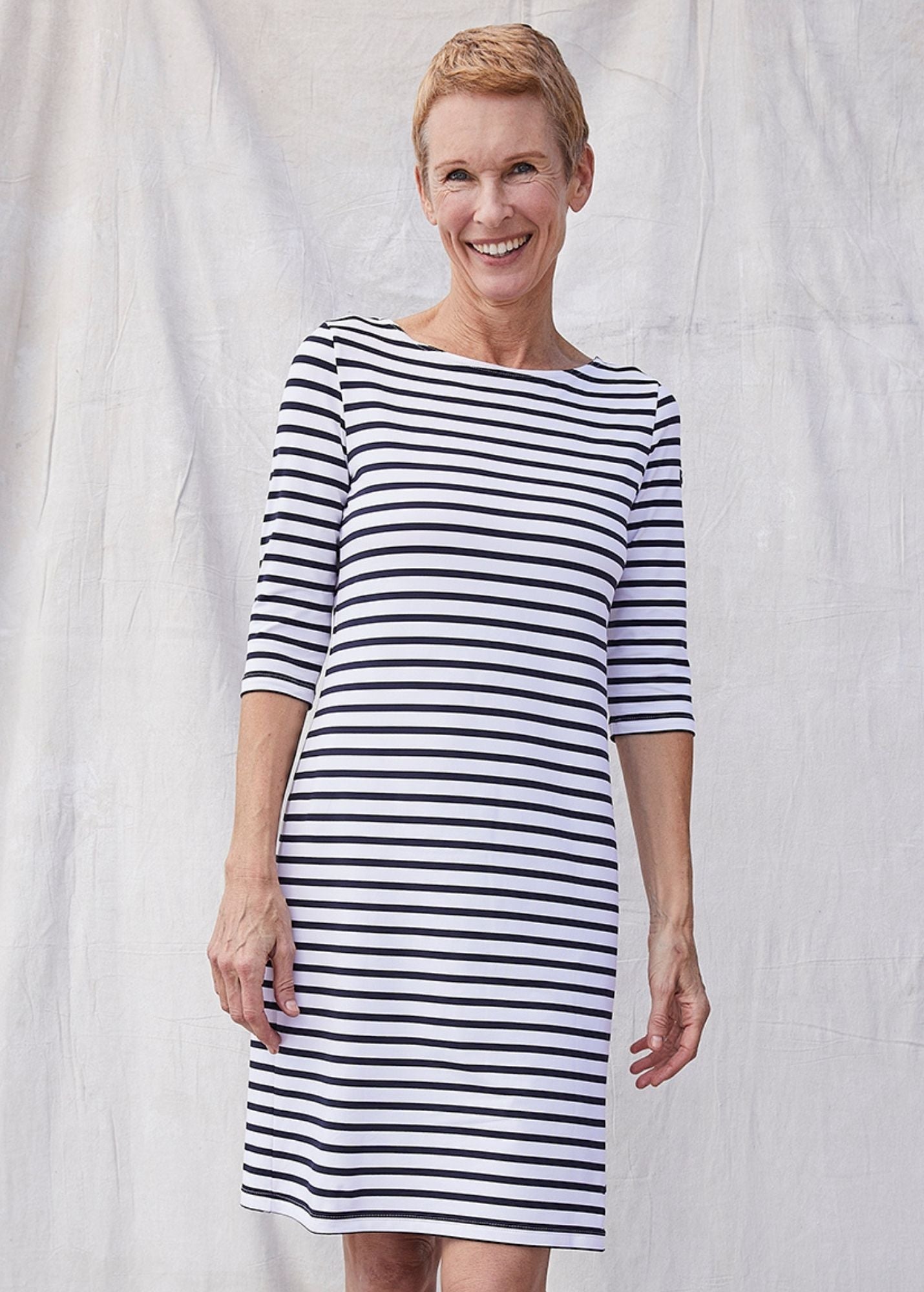 Saint James PROPRIANO - Form-Fitting Nautical Stripe Dress | Anti-UV Stretch Fabric (WHITE / NAVY)