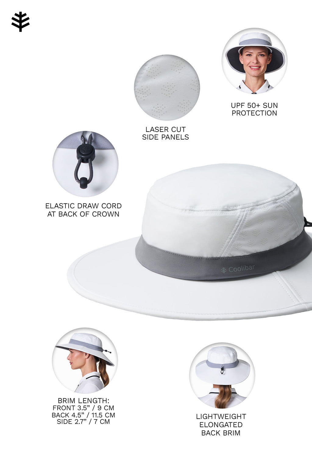 Coolibar Fore Wide Brim Performance Golf Hat, White/Steel Grey
