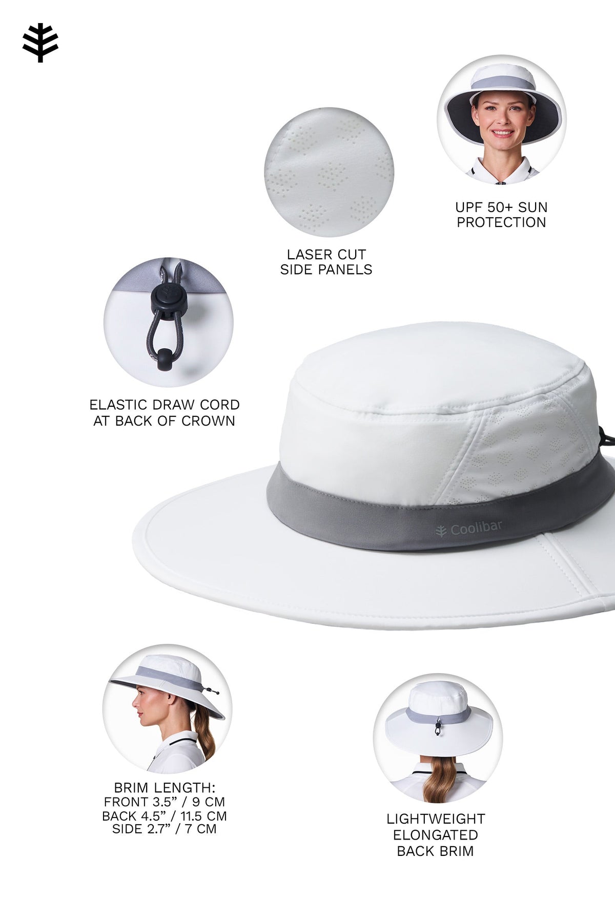 Coolibar Fore Wide Brim Performance Golf Hat, White/Steel Grey