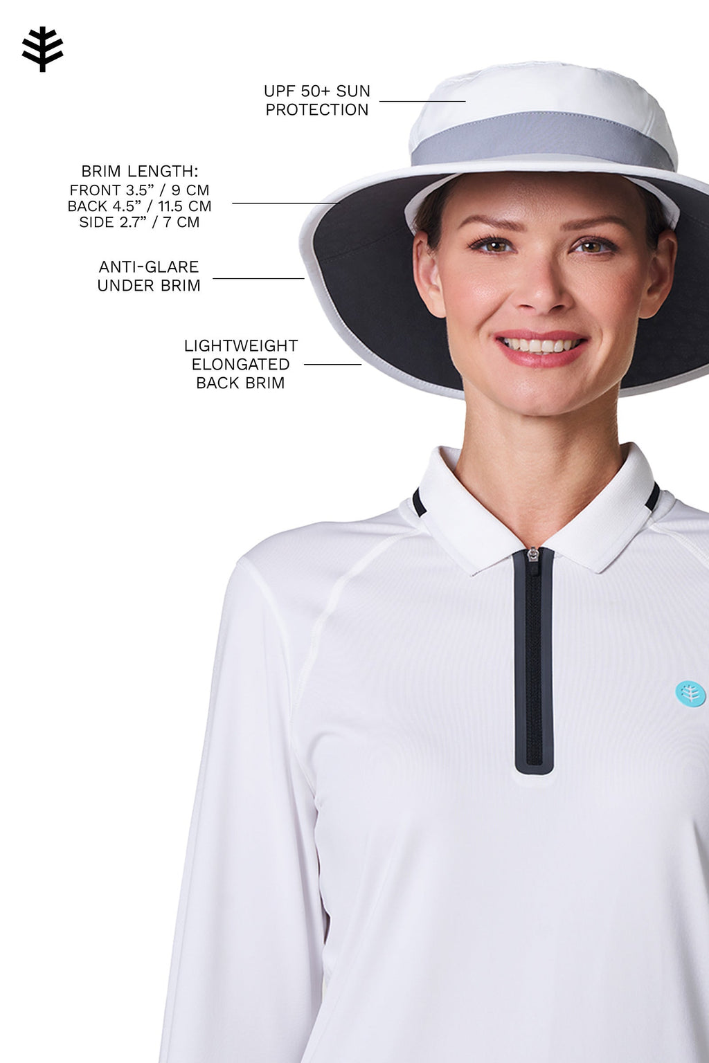 Coolibar Fore Wide Brim Performance Golf Hat, White/Steel Grey