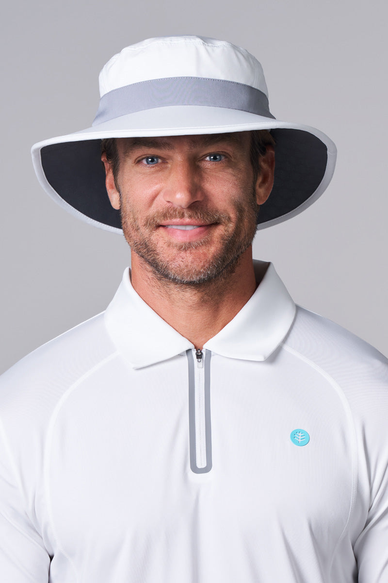 Coolibar Fore Wide Brim Performance Golf Hat, White/Steel Grey