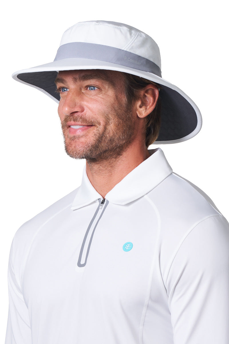 Coolibar Fore Wide Brim Performance Golf Hat, White/Steel Grey