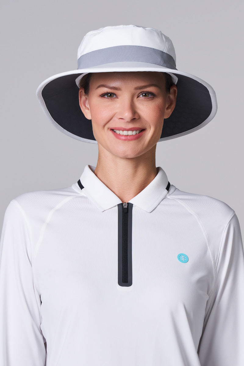 Coolibar Fore Wide Brim Performance Golf Hat, White/Steel Grey