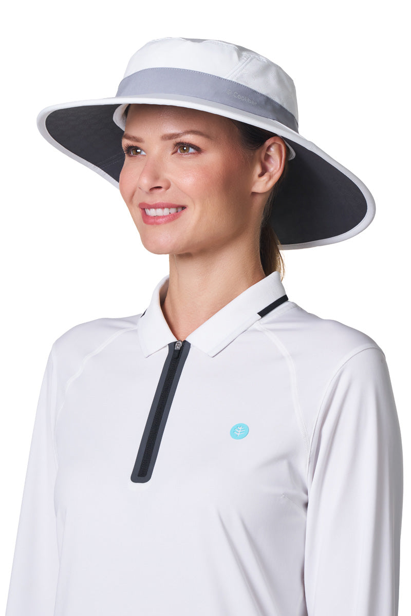 Coolibar Fore Wide Brim Performance Golf Hat, White/Steel Grey