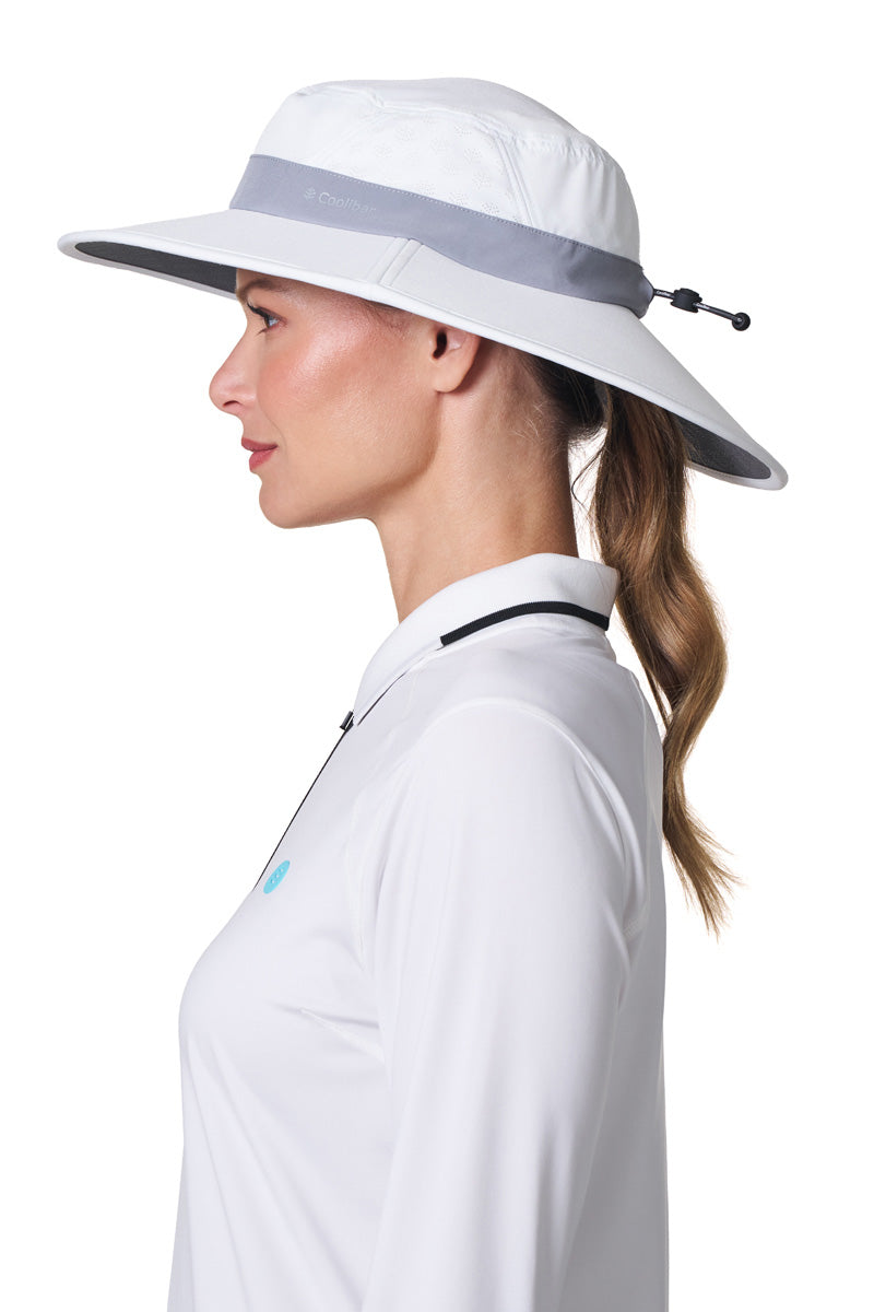 Coolibar Fore Wide Brim Performance Golf Hat, White/Steel Grey