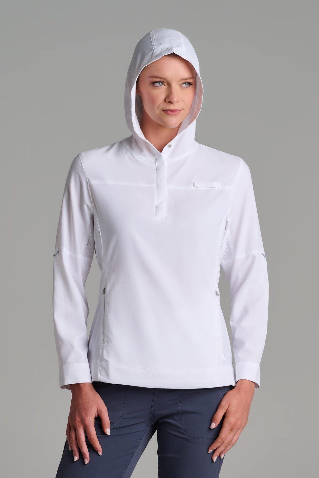 Coolibar Women Sea Spray Henley Hoodie With Sun Hood White For Fishing And Boating