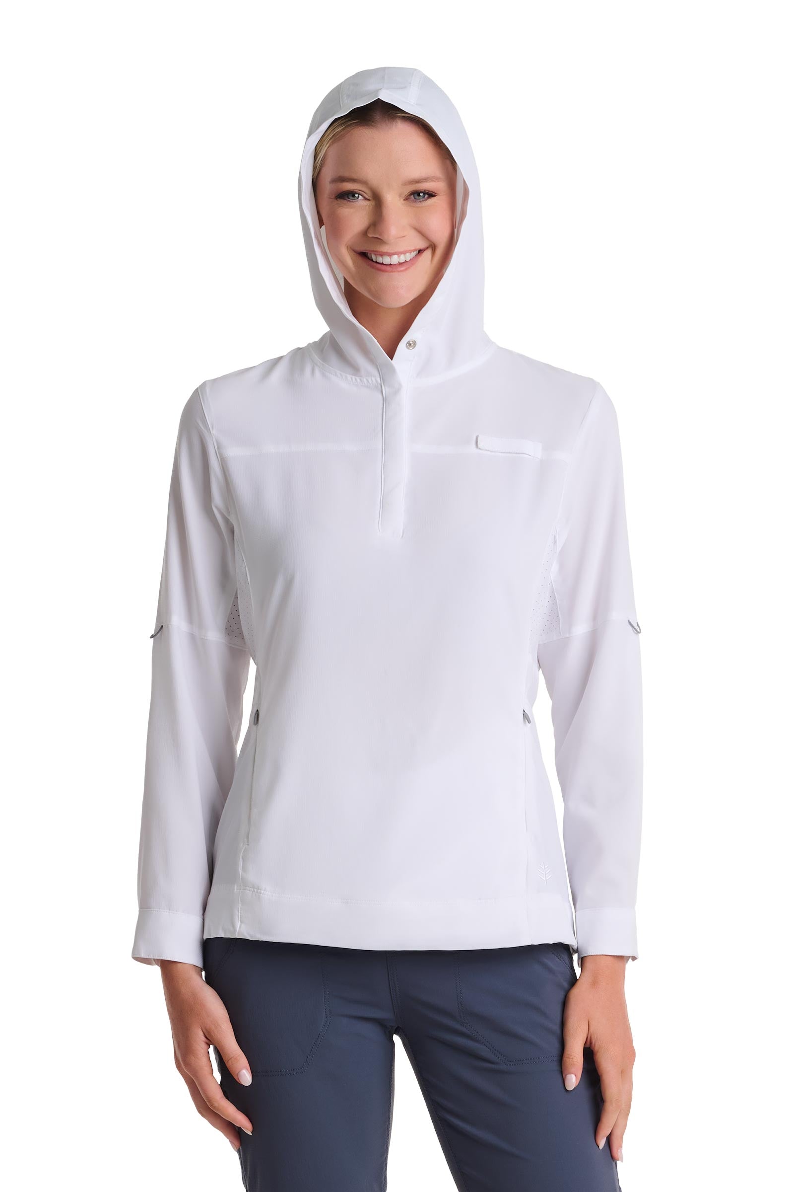 Coolibar Women Sea Spray Henley Hoodie With Sun Hood White For Fishing And Boating