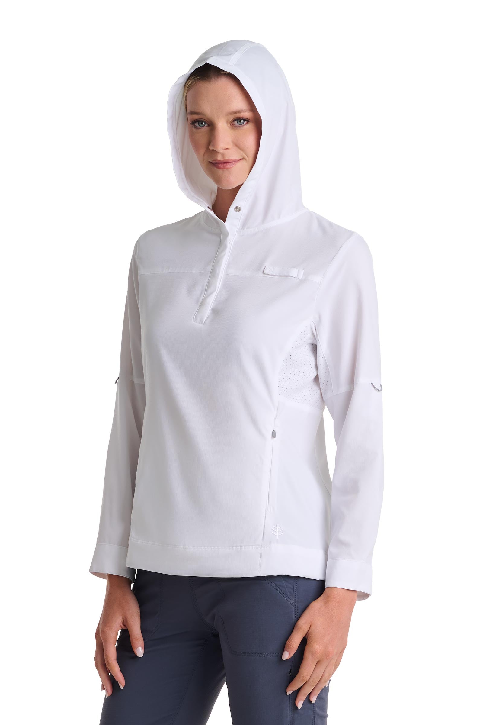 Coolibar Women Sea Spray Henley Hoodie With Sun Hood White For Fishing And Boating