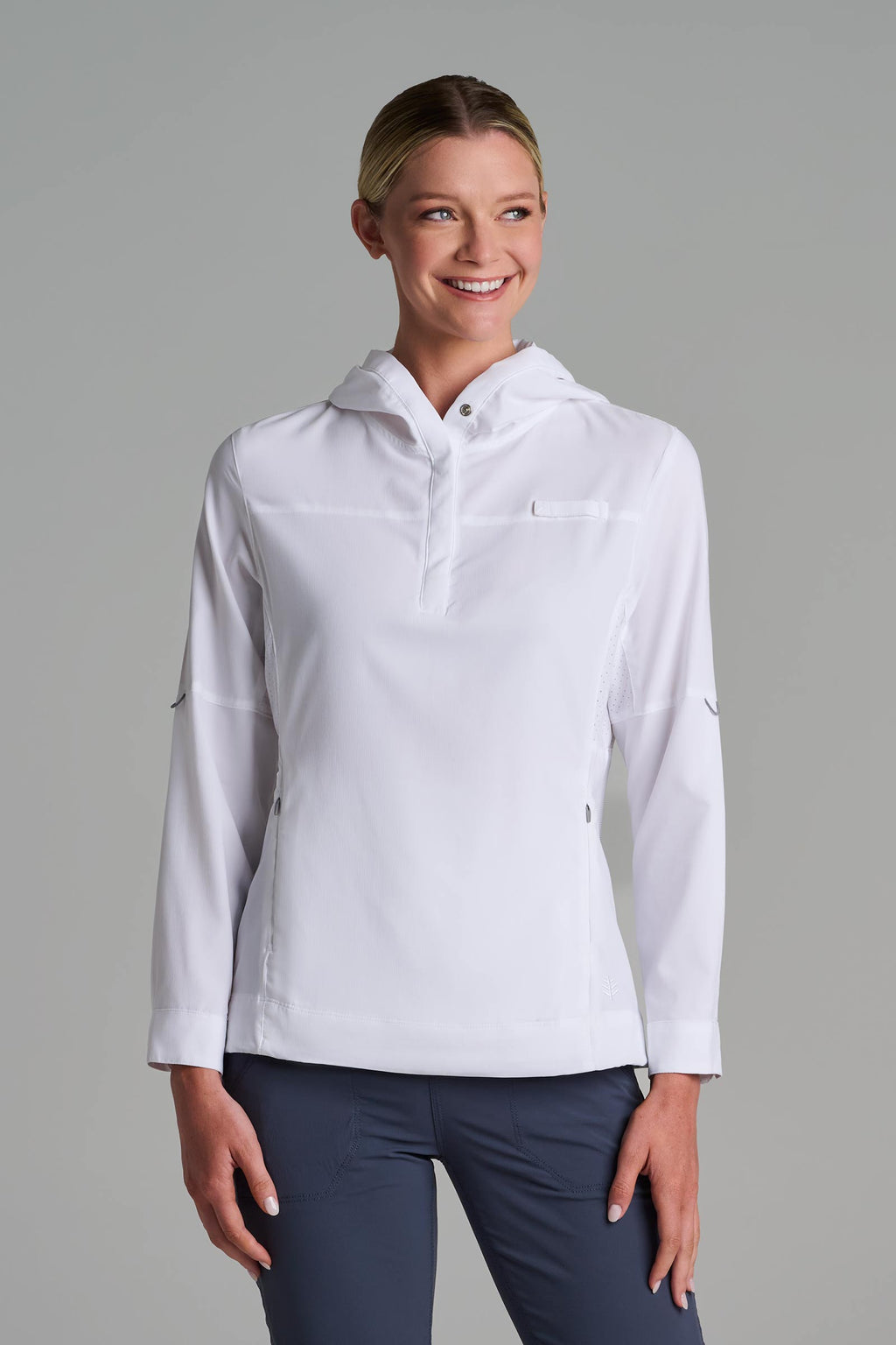 Coolibar Women Sea Spray Henley Hoodie With Sun Hood White For Fishing And Boating