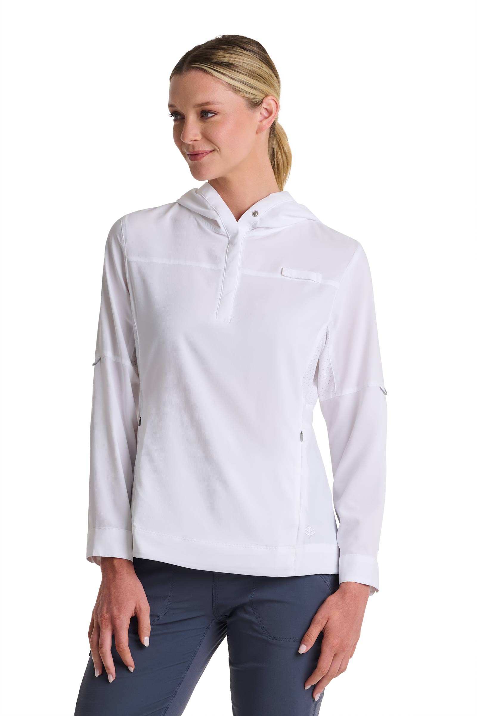 Coolibar Women Sea Spray Henley Hoodie With Sun Hood White For Fishing And Boating