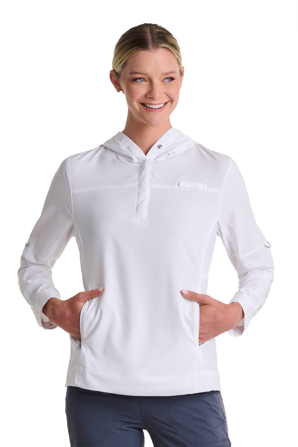 Coolibar Women Sea Spray Henley Hoodie With Sun Hood White For Fishing And Boating