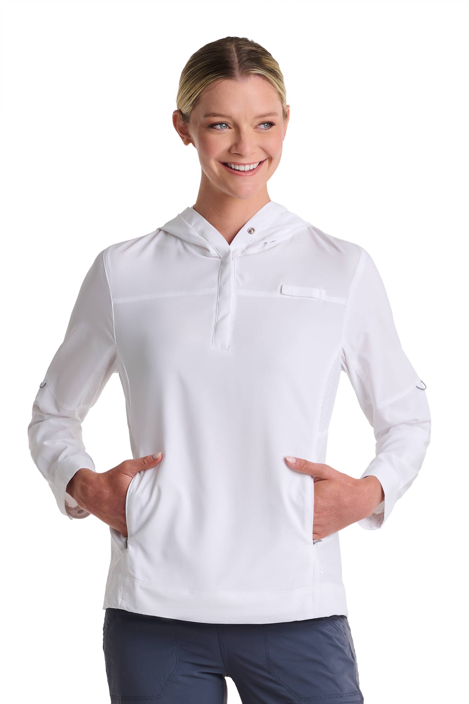 Coolibar Women Sea Spray Henley Hoodie With Sun Hood White For Fishing And Boating