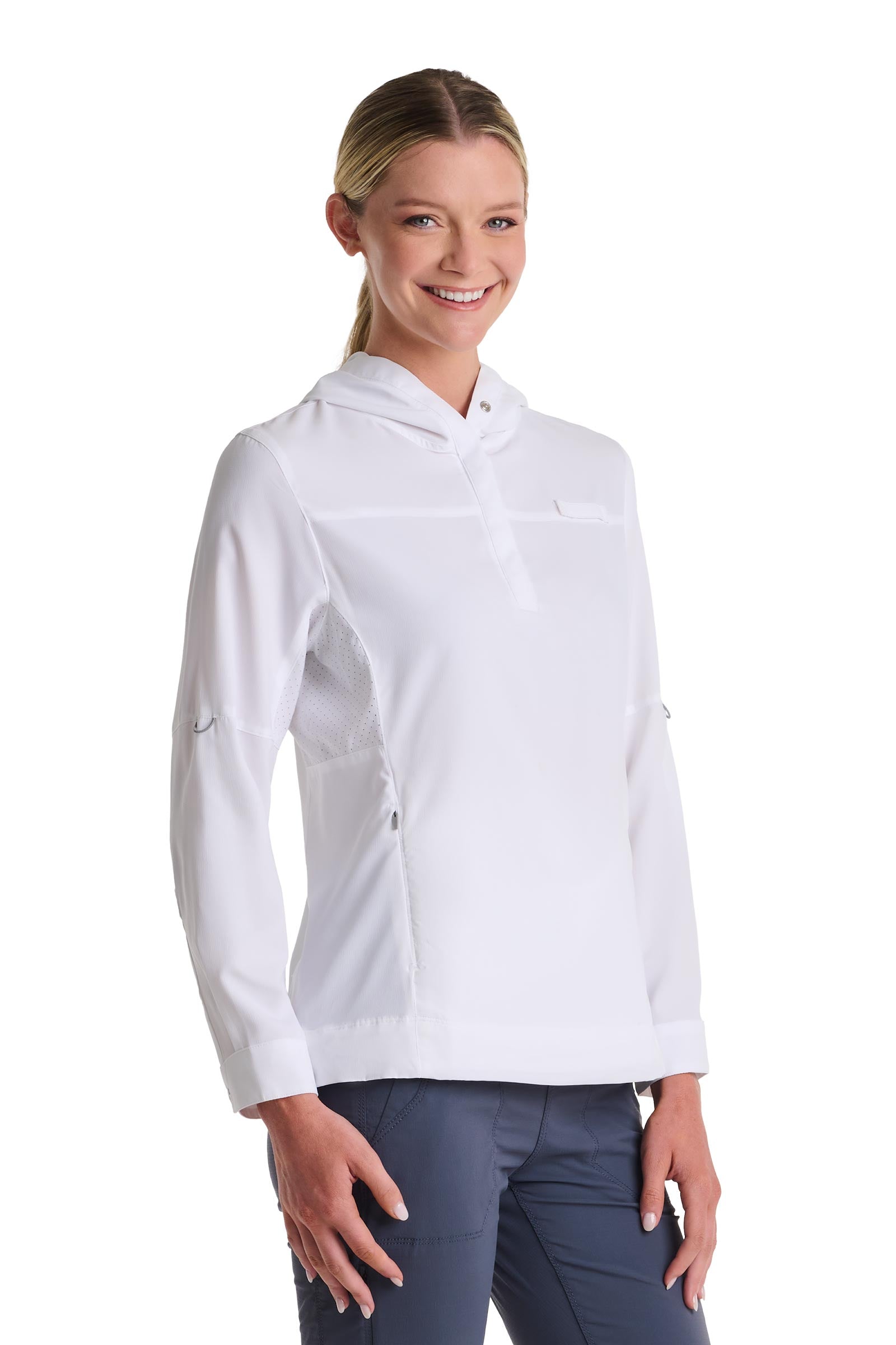 Coolibar Women Sea Spray Henley Hoodie With Sun Hood White For Fishing And Boating
