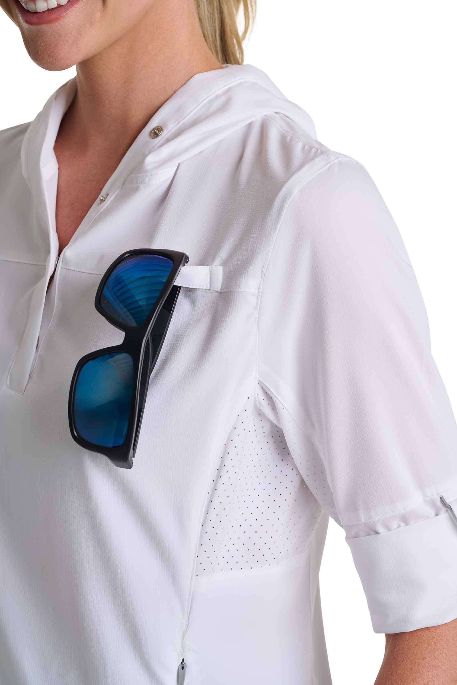 Coolibar Women Sea Spray Henley Hoodie With Sun Hood White For Fishing And Boating