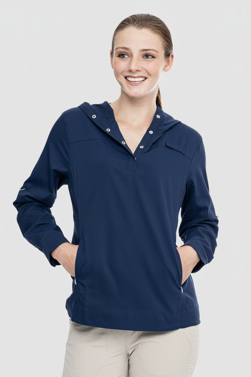 Coolibar Women's Sea Spray Henley Hoodie Navy Sun Protective Fishing Hoodie For Women