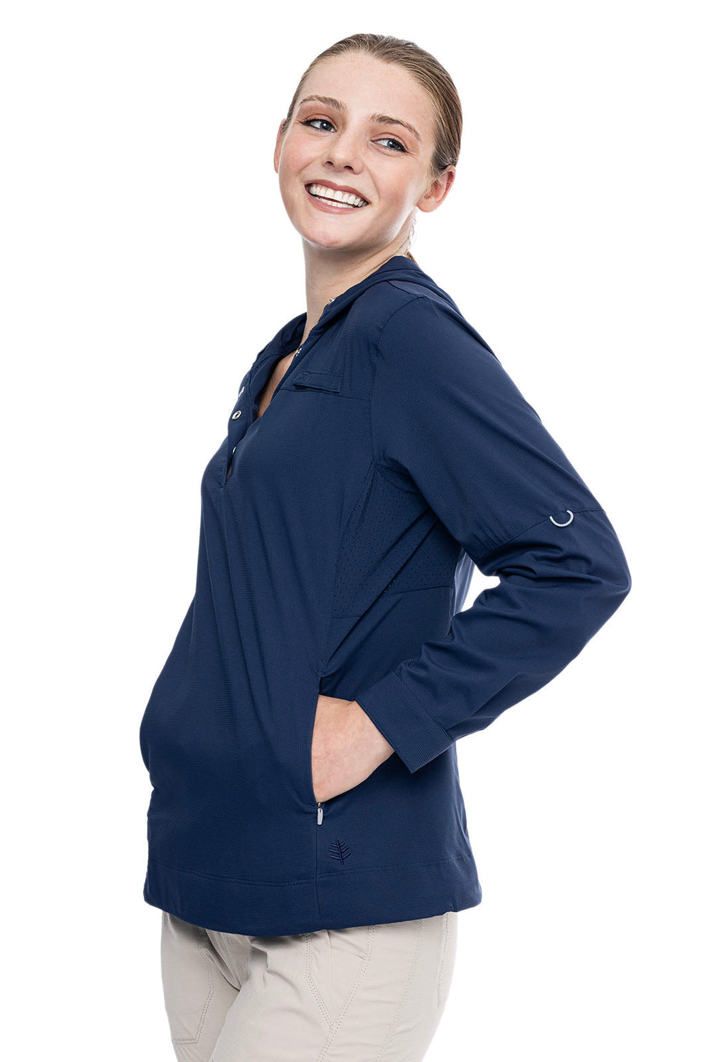 Coolibar Women's Sea Spray Henley Hoodie Navy Sun Protective Fishing Hoodie For Women