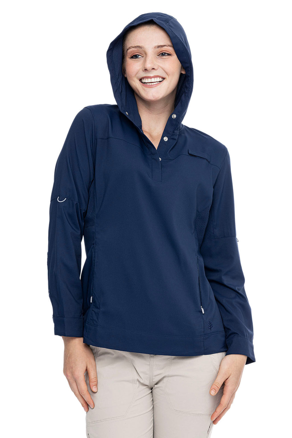 Coolibar Women's Sea Spray Henley Hoodie Navy Sun Protective Fishing Hoodie For Women