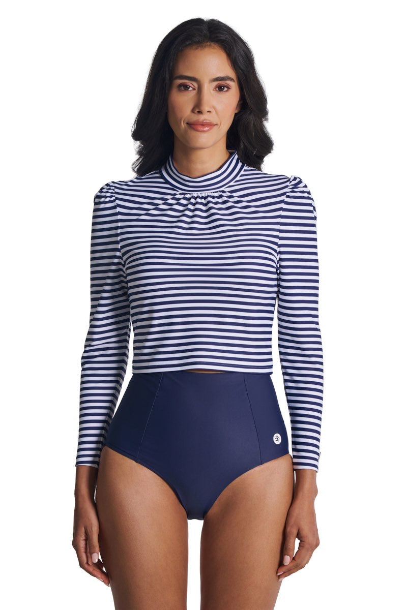 Coolibar Women's Toscana Puff Sleeve Swim Top White Navy Stripe UPF50 Sun Safe Beach Ready