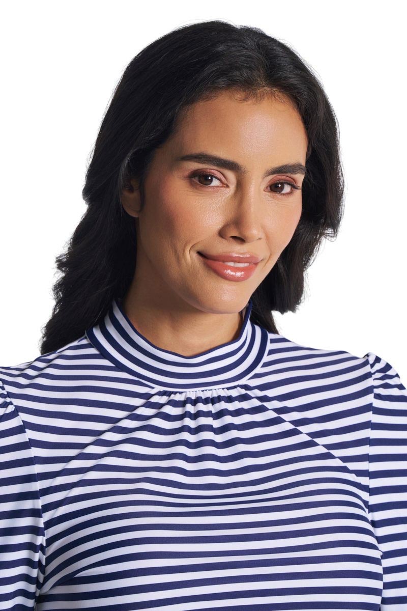 Coolibar Women's Toscana Puff Sleeve Swim Top White Navy Stripe UPF50 Sun Safe Beach Ready