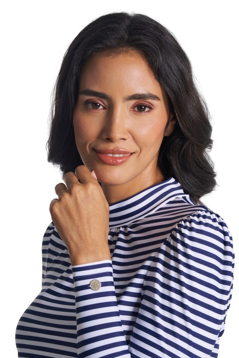 Coolibar Women's Toscana Puff Sleeve Swim Top White Navy Stripe UPF50 Sun Safe Beach Ready