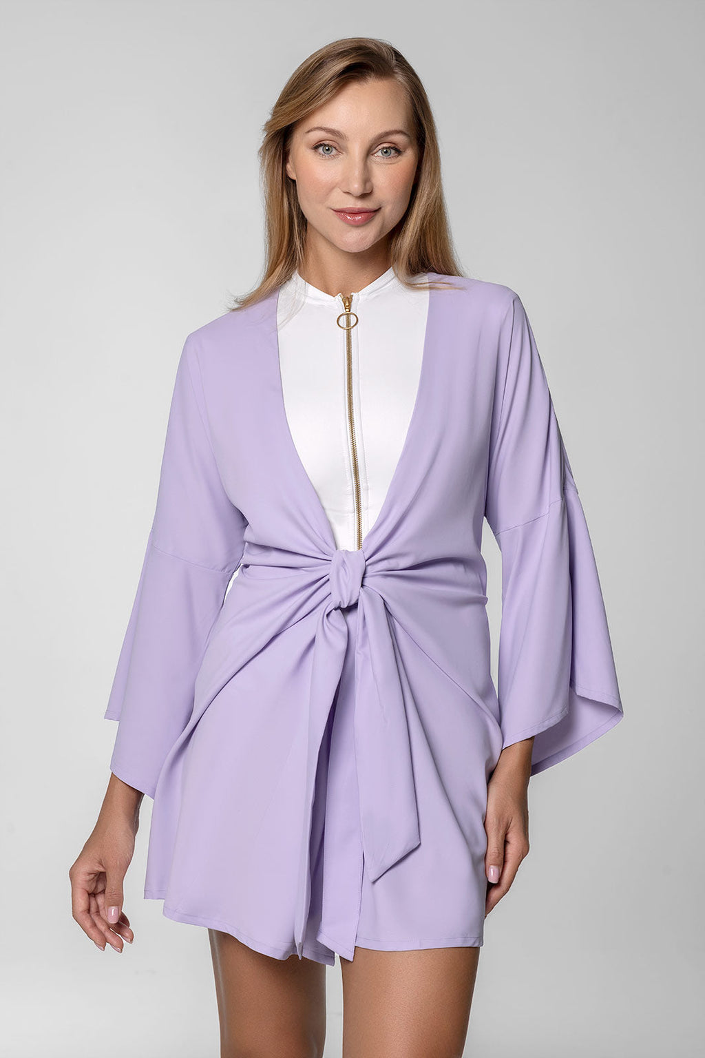 Coolibar Women's Ocean Drive Cover Up With Front Tie Lavendula Sun Safe UPF Fifty Bell Sleeves Knee Length