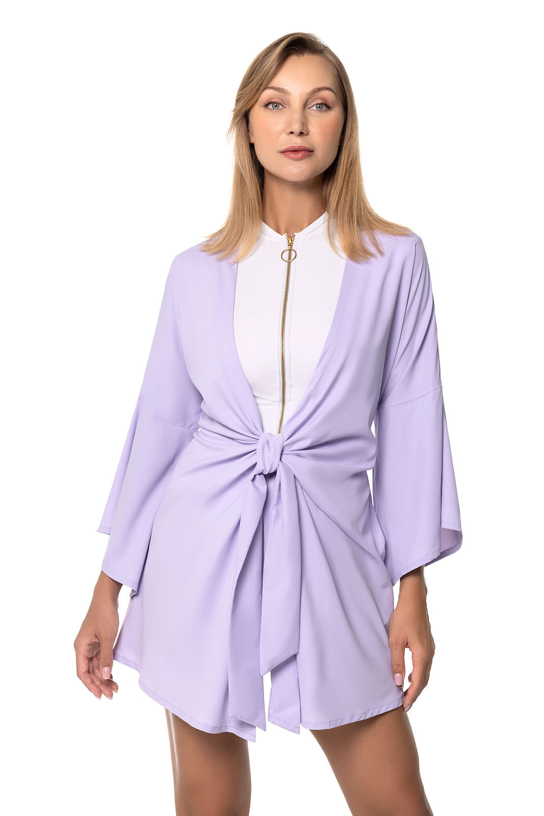 Coolibar Women's Ocean Drive Cover Up With Front Tie Lavendula Sun Safe UPF Fifty Bell Sleeves Knee Length