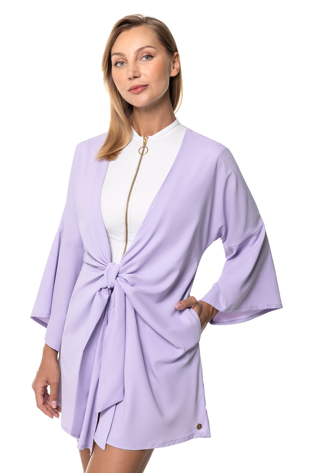 Coolibar Women's Ocean Drive Cover Up With Front Tie Lavendula Sun Safe UPF Fifty Bell Sleeves Knee Length