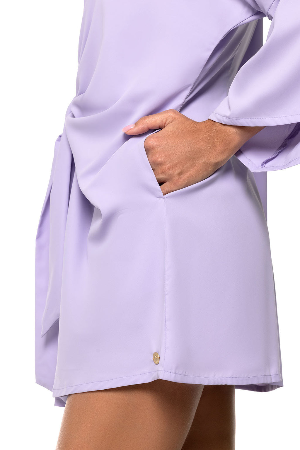Coolibar Women's Ocean Drive Cover Up With Front Tie Lavendula Sun Safe UPF Fifty Bell Sleeves Knee Length