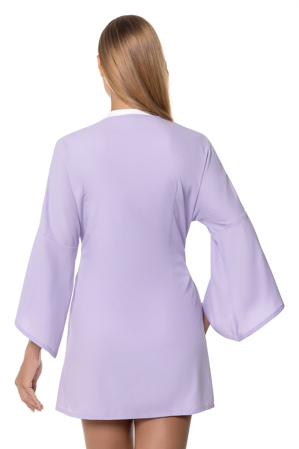 Coolibar Women's Ocean Drive Cover Up With Front Tie Lavendula Sun Safe UPF Fifty Bell Sleeves Knee Length