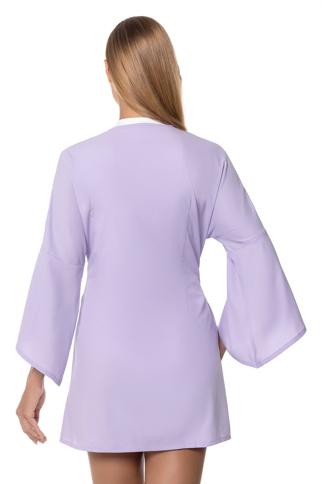 Coolibar Women's Ocean Drive Cover Up With Front Tie Lavendula Sun Safe UPF Fifty Bell Sleeves Knee Length