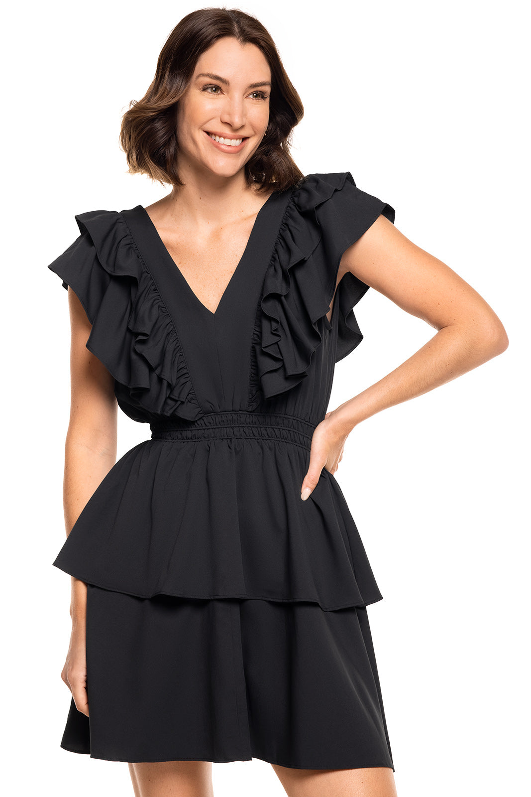 Coolibar Women's South Cove V Neck Ruffle Dress UPF 50 Plus Aire Fabric Lightweight Sun Protective
