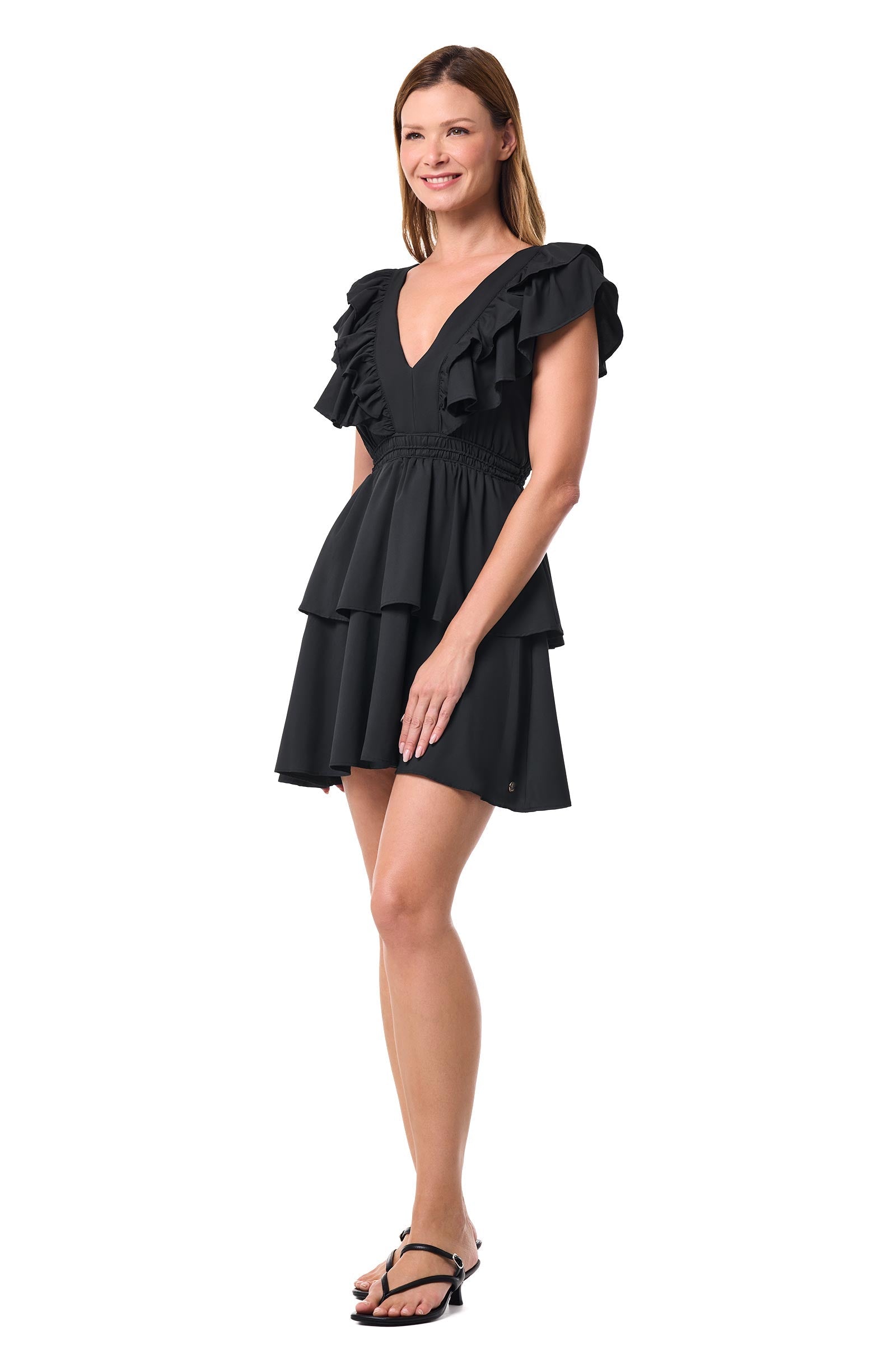 Coolibar Women's South Cove V Neck Ruffle Dress UPF 50 Plus Aire Fabric Lightweight Sun Protective