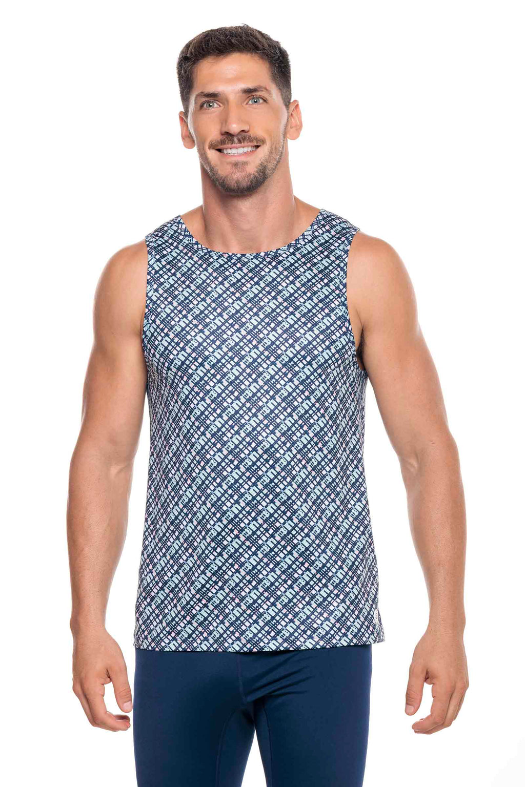 Coolibar Men's Dade Swim Tank Top Navy Gulf Stream Stripe With UPF50 Sun Protection For Men