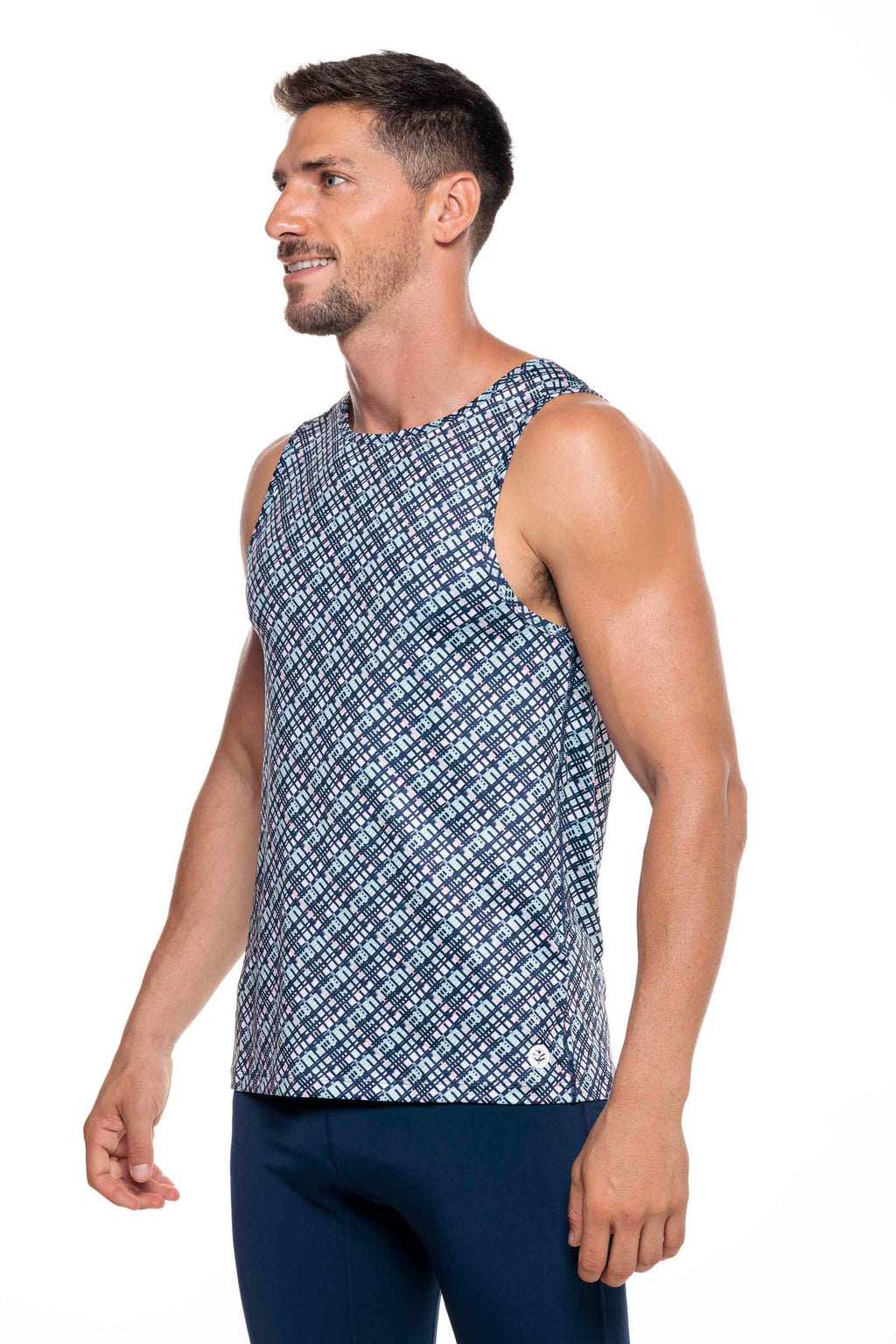 Coolibar Men's Dade Swim Tank Top Navy Gulf Stream Stripe With UPF50 Sun Protection For Men