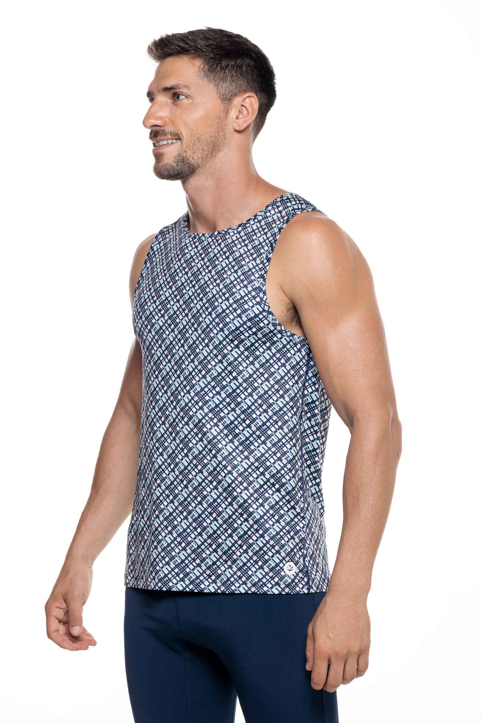 Coolibar Men's Dade Swim Tank Top Navy Gulf Stream Stripe With UPF50 Sun Protection For Men