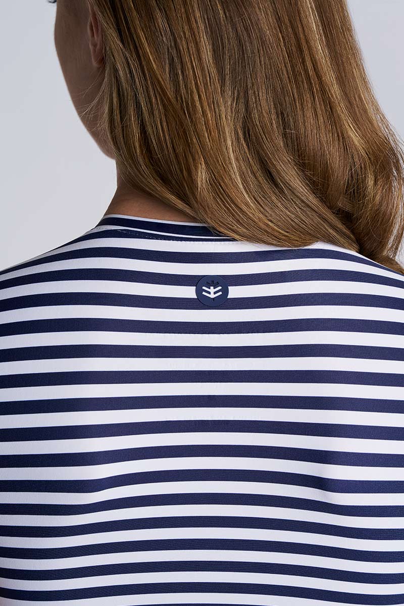 Hibiscus Island | Crop Swim Crop Top | White/Navy Stripe