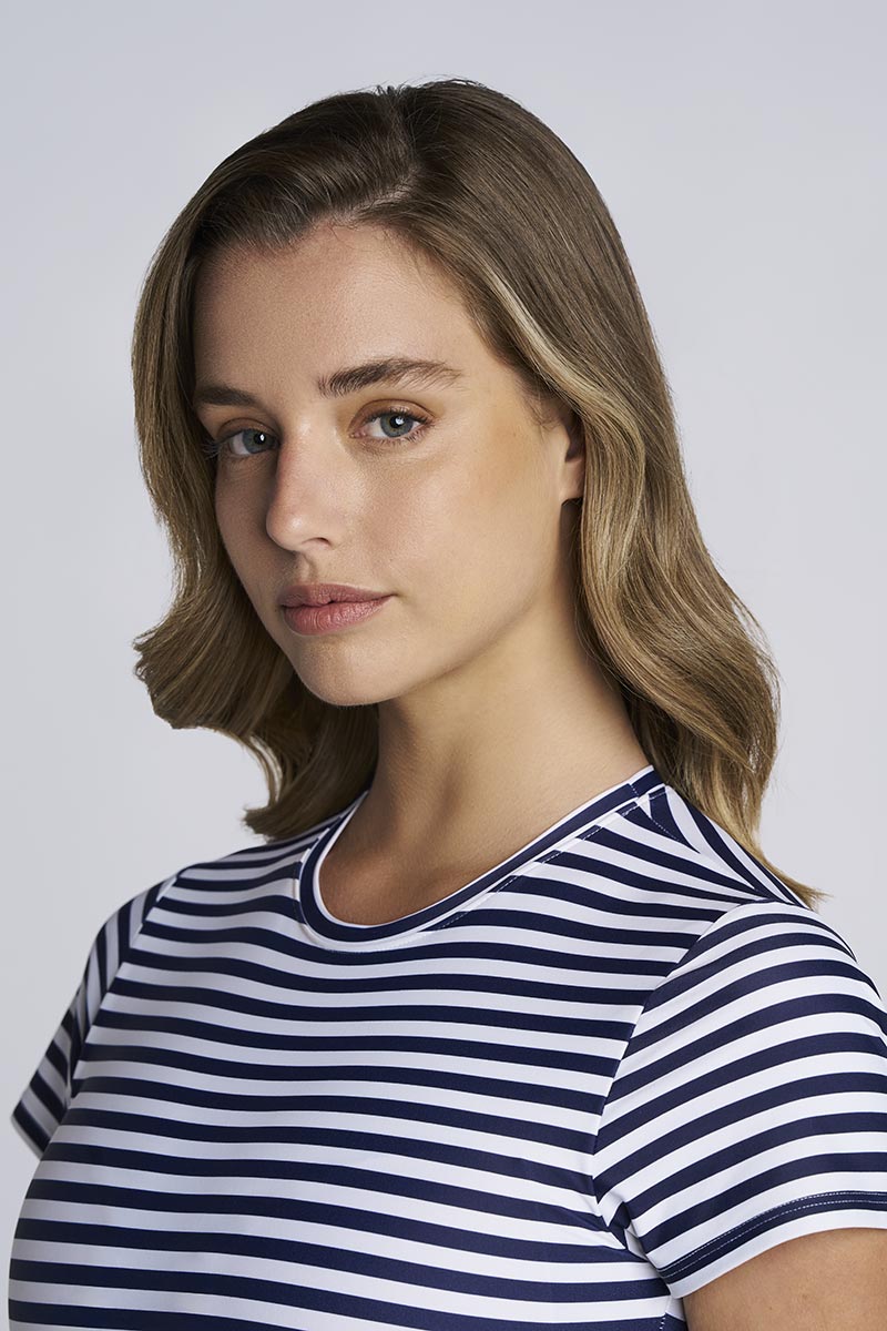 Hibiscus Island | Crop Swim Crop Top | White/Navy Stripe