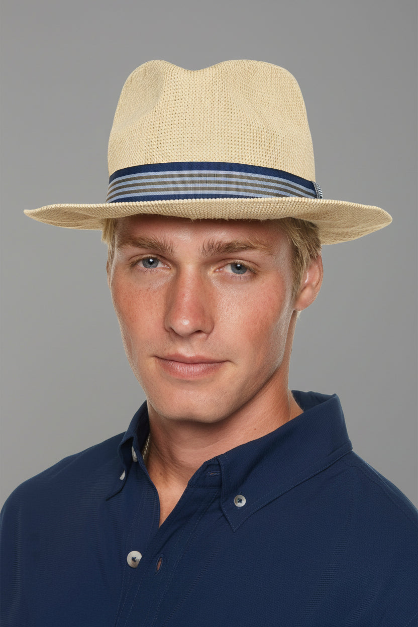 Coolibar 1st Street Mens Classic Poly Knit Fedora Natural Crushable Sun Protection