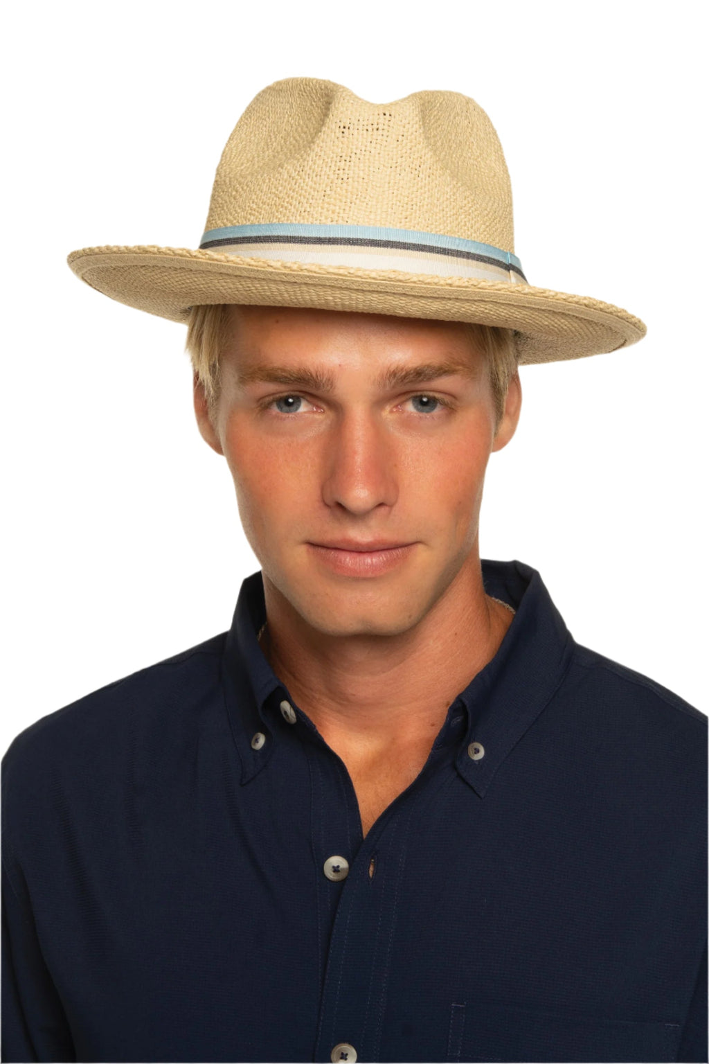 Coolibar Men's Surf Club Fedora Hand Woven Straw With Rugby Stripe Band Upf 50 Sun Protection